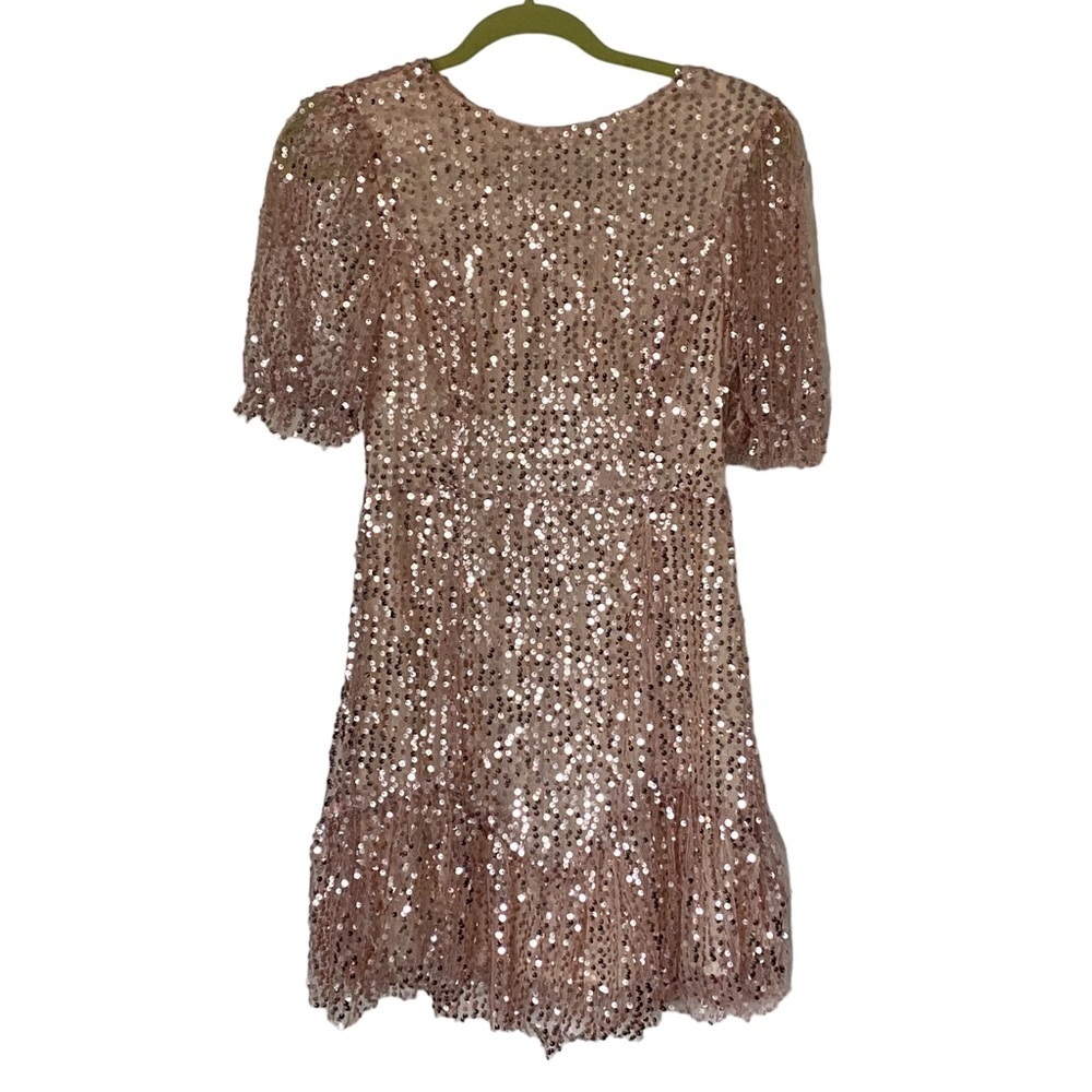 SAINT & Secrets Rose Gold / Pink Sequin Mini Dress with Sleeves and Ruffle.